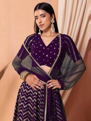  Purple Sequins Zari Embroidered Georgette Ethnic Lehenga Dress 2