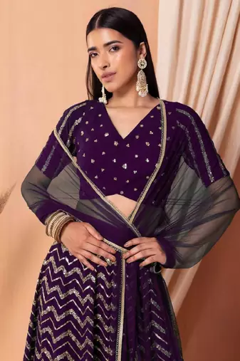  Purple Sequins Zari Embroidered Georgette Ethnic Lehenga Dress
