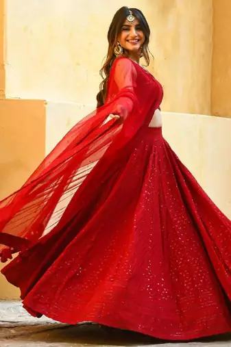 Red Georgette Sequin Embroidered Wedding Lehenga Choli 