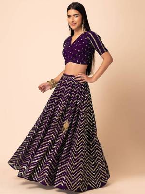 Purple Sequins Zari Embroidered Georgette Ethnic Lehenga Dress 3