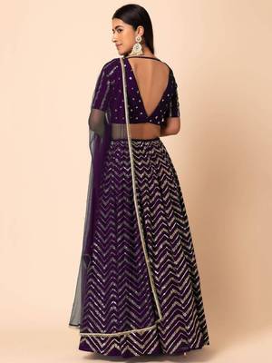  Purple Sequins Zari Embroidered Georgette Ethnic Lehenga Dress 4