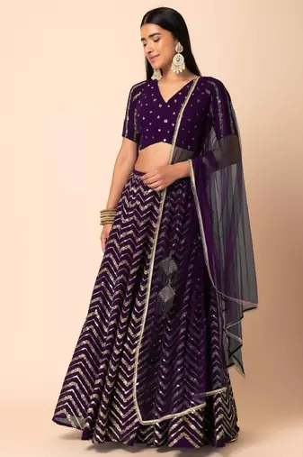  Purple Sequins Zari Embroidered Georgette Ethnic Lehenga Dress