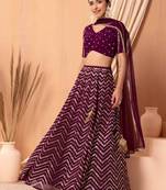 Wonderful Wine Sequins Zari Embroidered Georgette Monotone Lehenga Dress