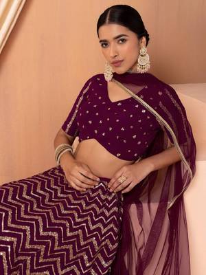 Wonderful Wine Sequins Zari Embroidered Georgette Monotone Lehenga Dress 2