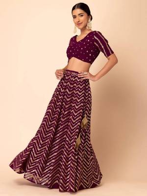 Wonderful Wine Sequins Zari Embroidered Georgette Monotone Lehenga Dress 3