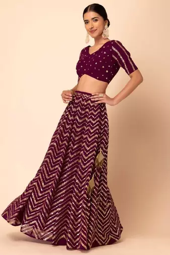 Wonderful Wine Sequins Zari Embroidered Georgette Monotone Lehenga Dress