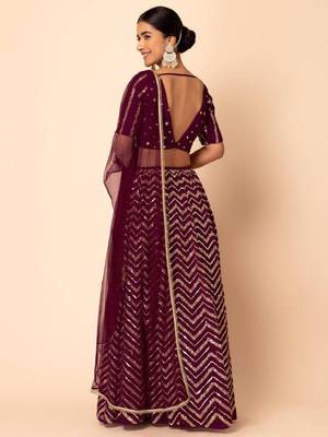 Wonderful Wine Sequins Zari Embroidered Georgette Monotone Lehenga Dress 4