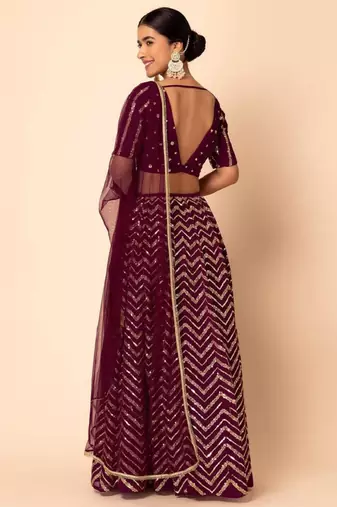 Wonderful Wine Sequins Zari Embroidered Georgette Monotone Lehenga Dress