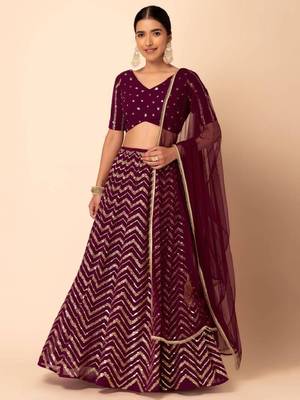 Wonderful Wine Sequins Zari Embroidered Georgette Monotone Lehenga Dress 5