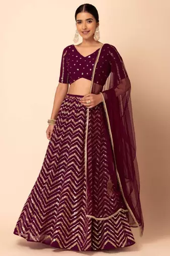 Wonderful Wine Sequins Zari Embroidered Georgette Monotone Lehenga Dress