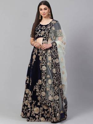  Navy Blue Zari And Dori Embroidered Velvet Indian Wedding Lehenga Dress 1