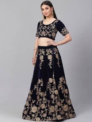  Navy Blue Zari And Dori Embroidered Velvet Indian Wedding Lehenga Dress 2