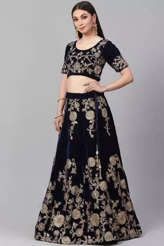  Navy Blue Zari And Dori Embroidered Velvet Indian Wedding Lehenga Dress