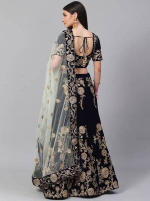  Navy Blue Zari And Dori Embroidered Velvet Indian Wedding Lehenga Dress 3