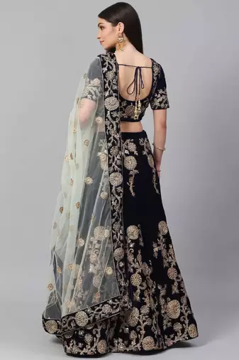  Navy Blue Zari And Dori Embroidered Velvet Indian Wedding Lehenga Dress