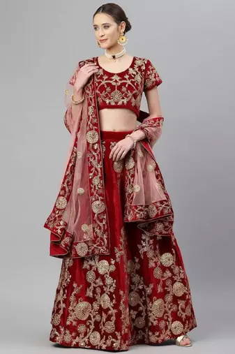 Alluring Maroon Zari And Dori Embroidered Velvet Indian Wedding Lehenga Lehenga For Bride
