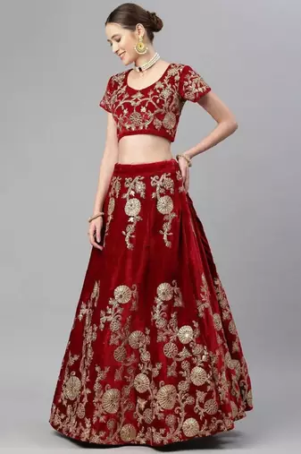Alluring Maroon Zari And Dori Embroidered Velvet Indian Wedding Lehenga Lehenga For Bride