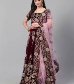  Purple Colored Zari And Dori Embroidered Velvet Wedding Lehenga