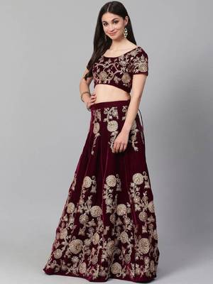  Purple Colored Zari And Dori Embroidered Velvet Wedding Lehenga 2