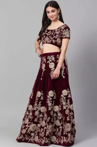  Purple Colored Zari And Dori Embroidered Velvet Wedding Lehenga
