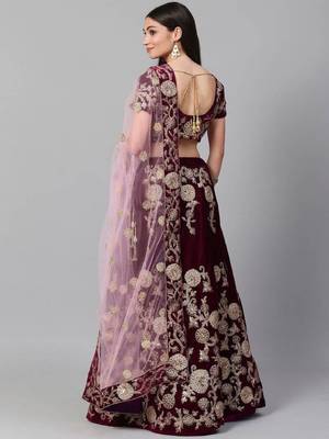  Purple Colored Zari And Dori Embroidered Velvet Wedding Lehenga 3