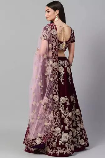  Purple Colored Zari And Dori Embroidered Velvet Wedding Lehenga