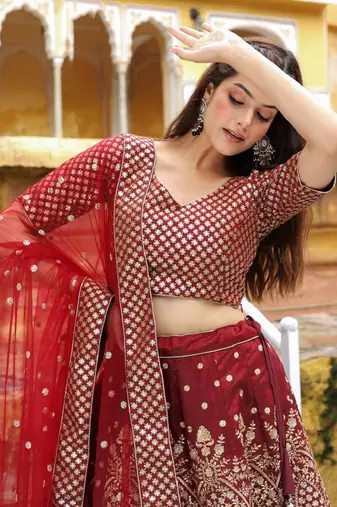  Maroon Sequins Raw Silk Bridal Lehenga Choli With Dupatta Wedding Lehenga