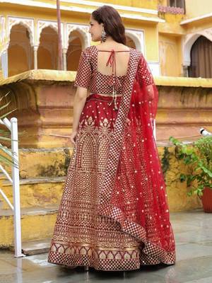  Maroon Sequins Raw Silk Bridal Lehenga Choli With Dupatta Wedding Lehenga 4
