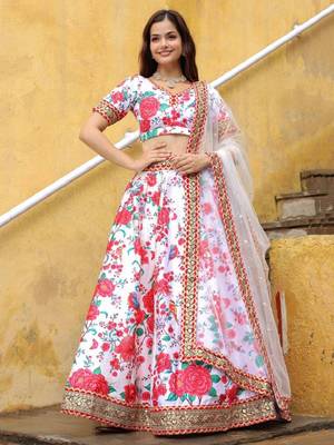 Alluring Off White Floral Printed Art Silk Sangeet Wear Lehenga Choli Wedding Lehenga 1
