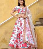 Alluring Off White Floral Printed Art Silk Sangeet Wear Lehenga Choli Wedding Lehenga