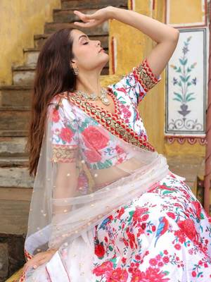 Alluring Off White Floral Printed Art Silk Sangeet Wear Lehenga Choli Wedding Lehenga 2