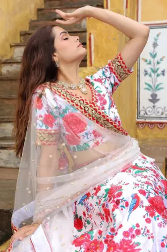 Alluring Off White Floral Printed Art Silk Sangeet Wear Lehenga Choli Wedding Lehenga