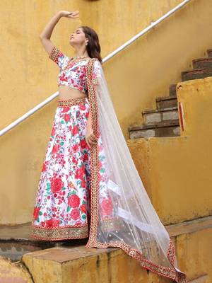 Alluring Off White Floral Printed Art Silk Sangeet Wear Lehenga Choli Wedding Lehenga 3