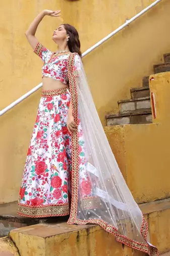 Alluring Off White Floral Printed Art Silk Sangeet Wear Lehenga Choli Wedding Lehenga