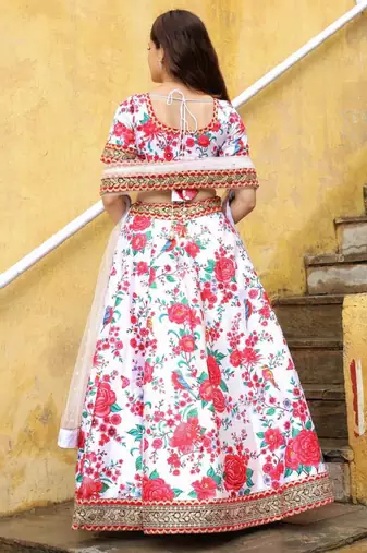 Alluring Off White Floral Printed Art Silk Sangeet Wear Lehenga Choli Wedding Lehenga