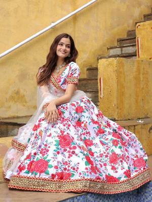 Alluring Off White Floral Printed Art Silk Sangeet Wear Lehenga Choli Wedding Lehenga 5