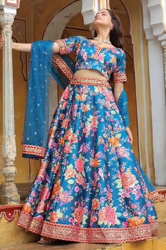 Outstanding Teal Floral Printed Art Silk Wedding Lehenga Choli Wedding Lehenga