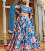 Outstanding Teal Floral Printed Art Silk Wedding Lehenga Choli Wedding Lehenga