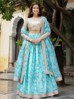  Sky-Blue And Beige Floral Print Organza Lehenga Choli With Dupatta Wedding Lehenga 1