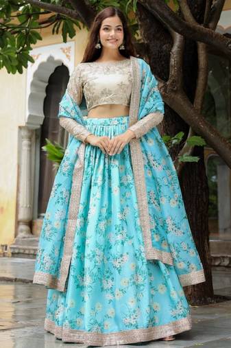  Sky-Blue And Beige Floral Print Organza Lehenga Choli With Dupatta Wedding Lehenga