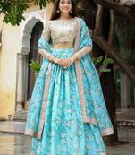 Sky-Blue And Beige Floral Print Organza Lehenga Choli With Dupatta Wedding Lehenga
