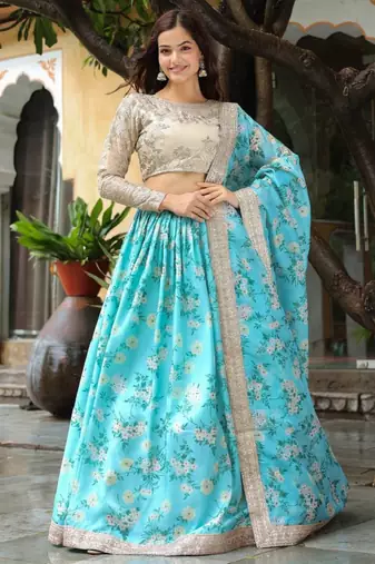 Sky-Blue And Beige Floral Print Organza Lehenga Choli With Dupatta Wedding Lehenga