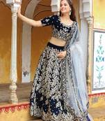  Navy Blue Embroidered Velvet Wedding Lehenga Choli With Dupatta Wedding Lehenga