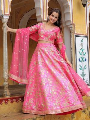 Incredible Pink Embroidery Silk Engagement Wear Lehenga Choli Wedding Lehenga 1