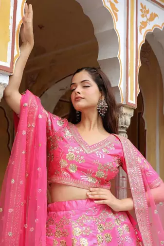 Incredible Pink Embroidery Silk Engagement Wear Lehenga Choli Wedding Lehenga