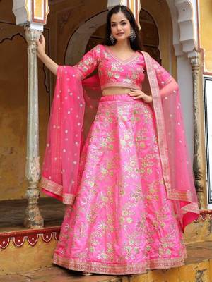 Incredible Pink Embroidery Silk Engagement Wear Lehenga Choli Wedding Lehenga 5