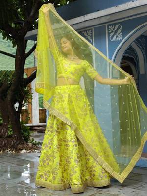 Fantastical Neon Embroidery Silk Lehenga Choli With Dupatta Wedding Lehenga 3
