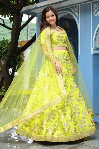 Fantastical Neon Embroidery Silk Lehenga Choli With Dupatta Wedding Lehenga