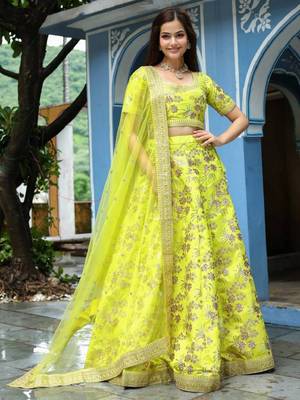 Fantastical Neon Embroidery Silk Lehenga Choli With Dupatta Wedding Lehenga 5