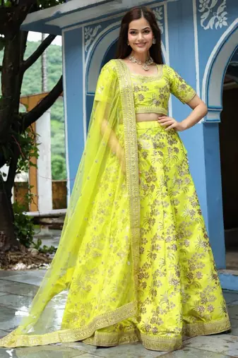 Fantastical Neon Embroidery Silk Lehenga Choli With Dupatta Wedding Lehenga